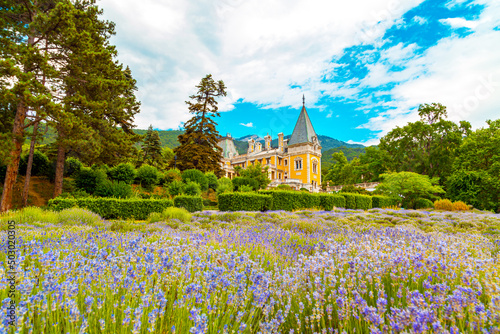 Massandra Palace and small lavender field in Crimea.