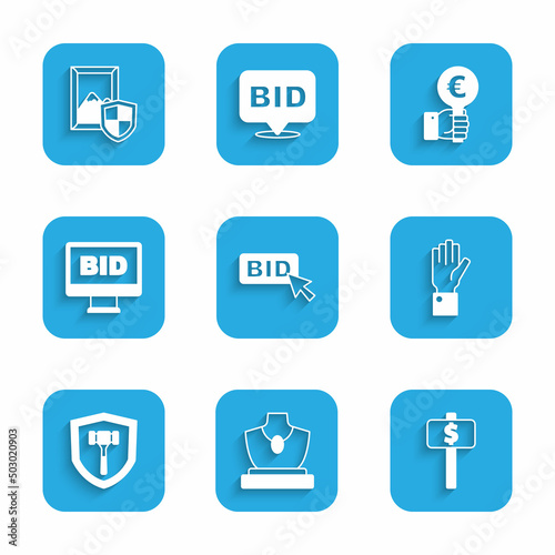 Set Bid, Auction jewelry sale, Hand holding auction paddle, hammer, Online, and painting icon. Vector