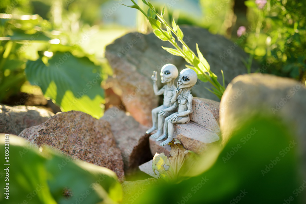 Two aliens sitting on a stone by small artificial pond on sunny summer day in the garden.
