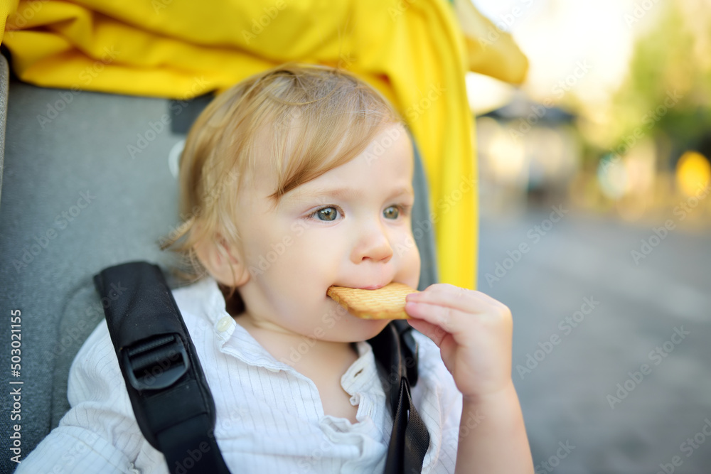 Sweet toddler boy sitting in a stroller outdoors. Little child in pram. Infant kid in pushchair. Summer walks with kids. Sweet toddler boy sitting in a stroller outdoors. Little child in pram. Infant kid in pushchair. Summer walks with kids.