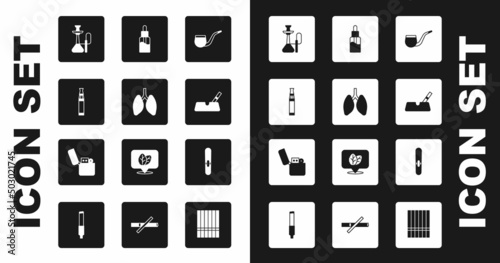Set No pipe smoking, Lungs, Electronic cigarette, Hookah, Ashtray with, Vape liquid bottle, Cigar and Lighter icon. Vector