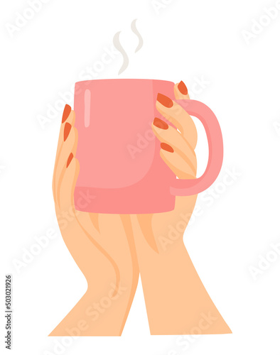 Woman hands with cup warm coffee. Female arms isolated on white background. Morning routine concept. Vector flat illustration