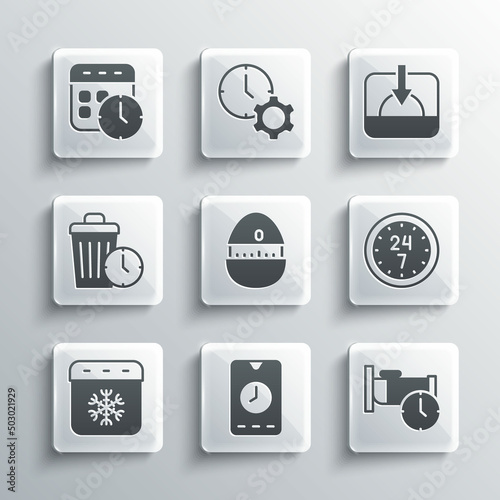 Set Alarm clock app mobile, Time to sleep, Clock 24 hours, Kitchen timer, Calendar winter, Waste of, and and Sunset icon. Vector