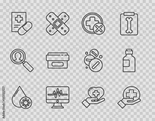 Set line Blood test and virus, Cross hospital medical, Monitor with cardiogram, Medical prescription, Ointment cream tube medicine, Heart cross and Bottle of syrup icon. Vector