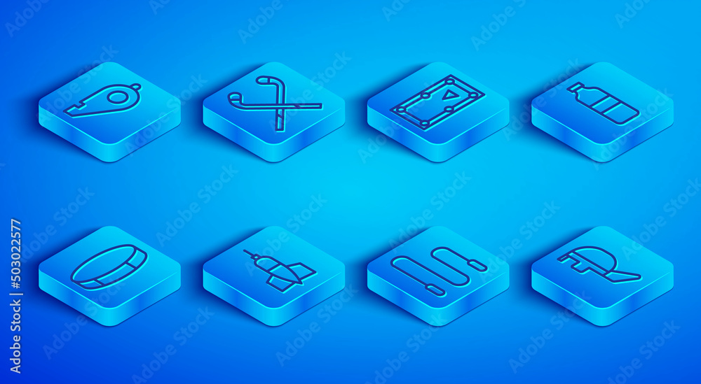 Set line Whistle, Ice hockey sticks, Billiard table, Dart arrow, Jump rope, Bottle of water, Hockey puck and Fencing helmet mask icon. Vector Set line Whistle, Ice hockey sticks, Billiard table, Dart arrow, Jump rope, Bottle of water, Hockey puck and Fencing helmet mask icon. Vector