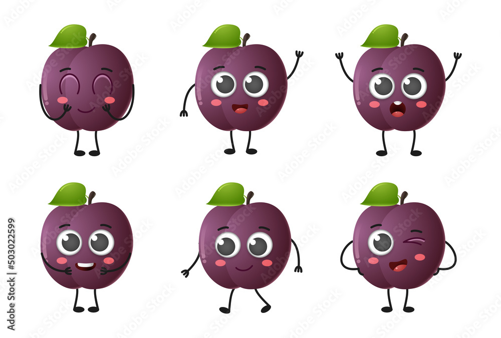 Set of cute cartoon plum fruit vector character set isolated on white background