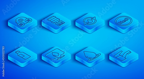 Set line Chemical formula for H2O, Water cooler, Recycle clean aqua, drop with location, Bottle of water and tap icon. Vector