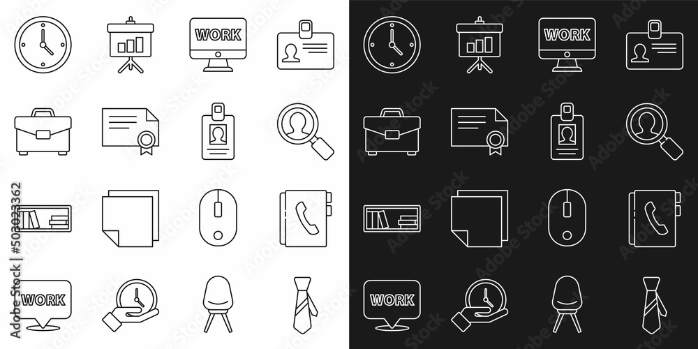 Set line Tie, Address book, Magnifying glass for search people, Monitor with text work, Certificate template, Briefcase, Clock and Identification badge icon. Vector Set line Tie, Address book, Magnifying glass for search people, Monitor with text work, Certificate template, Briefcase, Clock and Identification badge icon. Vector