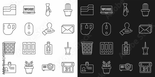 Set line Calendar, Push pin, Envelope, Tie, Computer mouse, Cup of tea with tea bag, Document folder and Hand for search people icon. Vector