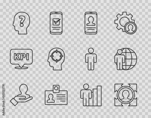 Set line Hand for search a people, Head hunting, Mobile with resume, Identification badge, question mark, Productive human and icon. Vector
