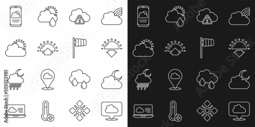 Set line Location cloud, Cloud with moon, Sunset, Storm warning, Sunrise, and weather, Weather forecast and Cone windsock wind vane icon. Vector