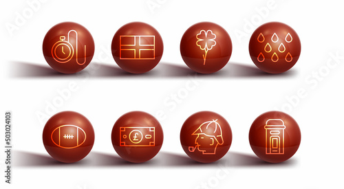 Set line Watch with a chain, Rugby ball, Water drop, Sherlock Holmes, Pound sterling money, Flag of England, London phone booth and Four leaf clover icon. Vector