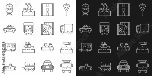 Set line Bus, Boat with oars, Delivery cargo truck, Road, Taxi, Train and railway and Broken road icon. Vector