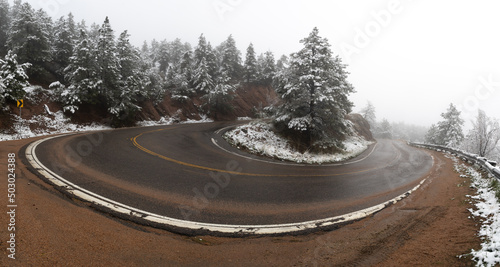 Panoramic view of an hairpin turn in the Rocky Mountains