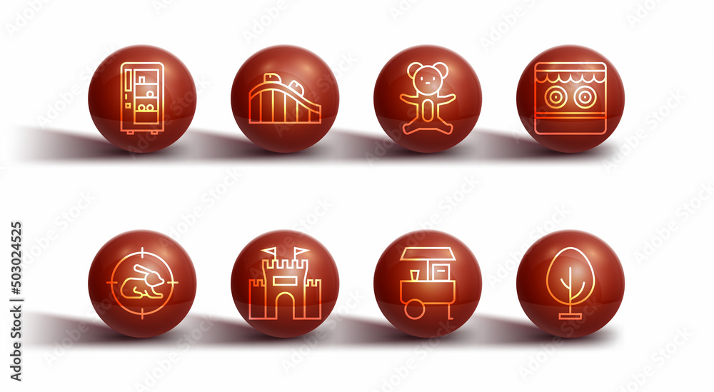 Set line Vending machine, Hunt on rabbit with crosshairs, Shooting gallery, Fast street food cart, Castle, Roller coaster, Tree and Teddy bear plush toy icon. Vector Set line Vending machine, Hunt on rabbit with crosshairs, Shooting gallery, Fast street food cart, Castle, Roller coaster, Tree and Teddy bear plush toy icon. Vector