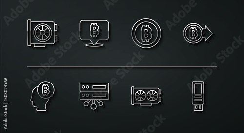 Set line Video graphic card, Bitcoin think, Server, USB flash drive and icon. Vector