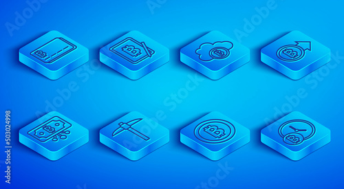 Set line Credit card with bitcoin, Mining from tablet, Cryptocurrency cloud mining, Pickaxe, Bitcoin, circuit and clock icon. Vector