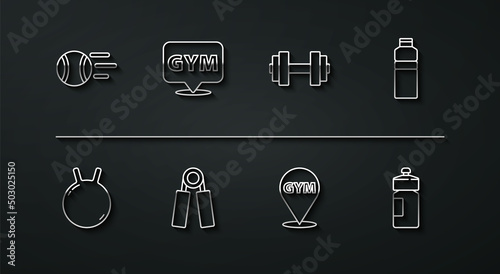 Set line Tennis ball, Kettlebell, Fitness shaker, Location gym, Sport expander, and Dumbbell icon. Vector