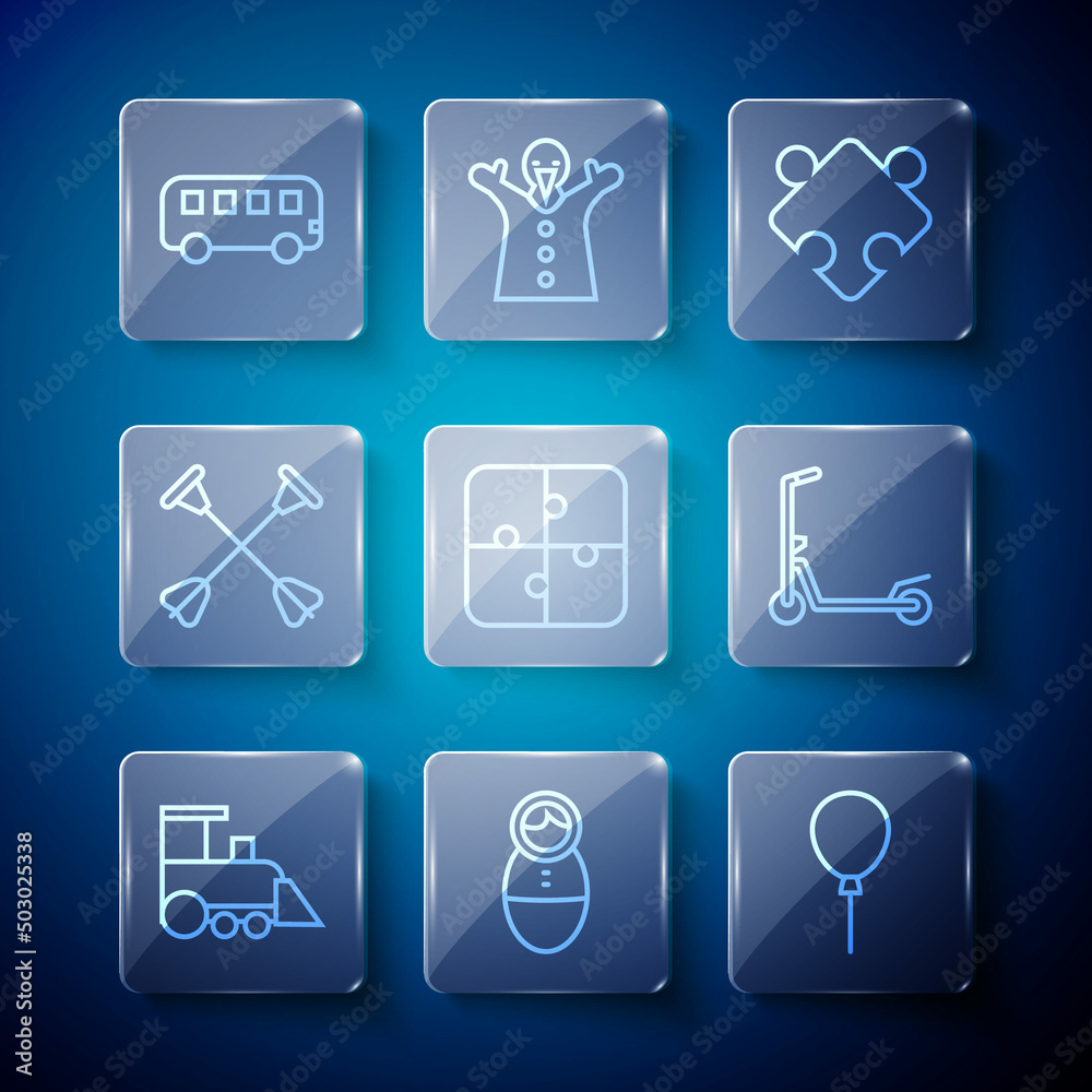Set line Toy train, Tumbler doll toy, Balloons with ribbon, Puzzle pieces, Arrow sucker tip, Bus and Scooter icon. Vector Set line Toy train, Tumbler doll toy, Balloons with ribbon, Puzzle pieces, Arrow sucker tip, Bus and Scooter icon. Vector
