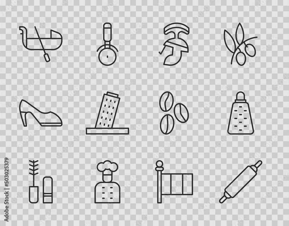 Set line Mascara brush, Rolling pin, Roman army helmet, Italian cook, Gondola, Tower Pisa, Flag Italy and Grater icon. Vector Set line Mascara brush, Rolling pin, Roman army helmet, Italian cook, Gondola, Tower Pisa, Flag Italy and Grater icon. Vector