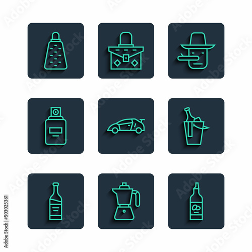 Set line Bottle of wine, Coffee moca pot, olive oil, Pinocchio, Sport racing car, Perfume, Grater and bucket icon. Vector