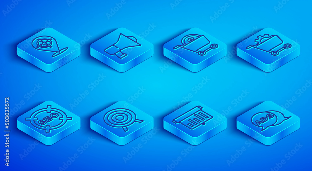 Set line Target sport, Megaphone, Shopping cart and dollar, Board with graph chart, SEO optimization and Advertising icon. Vector Set line Target sport, Megaphone, Shopping cart and dollar, Board with graph chart, SEO optimization and Advertising icon. Vector