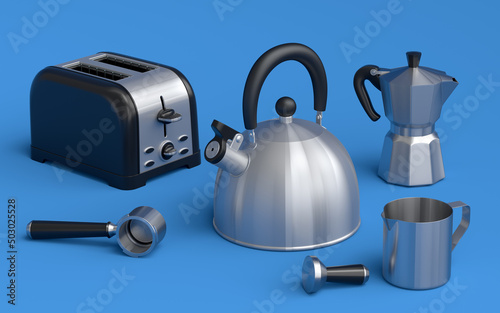 Kettle, toaster, coffee machine horn and geyser coffee maker on blue background.