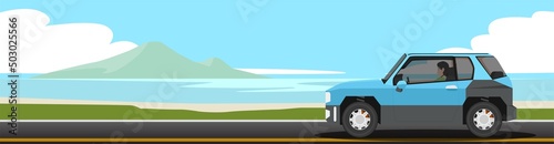 Fototapeta Naklejka Na Ścianę i Meble -  Travaling of SUV car blue color driving on tha asphalt road. Path sized a ocean beach, with sandy beaches and a background of island under a blue sky. Illustrator and Vector for summer posters.