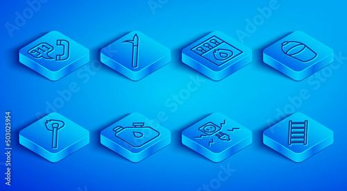 Set line Telephone call 911, Metal pike pole, Matchbox and matches, Canister fuel, Electricity spark, Fire bucket, Burning with fire and escape icon. Vector
