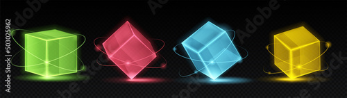 Glow block 3d set. Collection of bright cubes, graphic elements for mystical games, fantasy and imagination, witchcraft and glitter. Cartoon isometric vector illustrations isolated on dark background