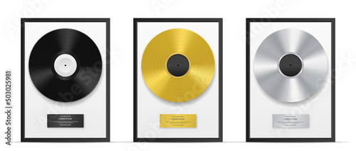 Gold album mockup. Collection of records, music and playlist for real fans. Music band award, congratulations and memory concept. Realistic flat vector illustrations isolated on white background