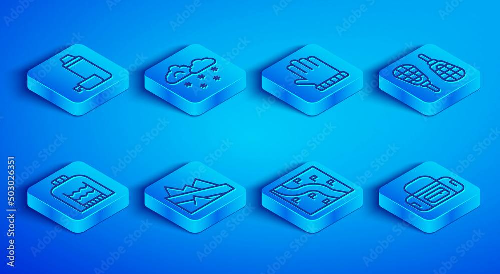 Set line Thermos container, Cloud with snow, Christmas mitten, Mountain descent, Route location, Snowshoes, sweater and Sport bag icon. Vector