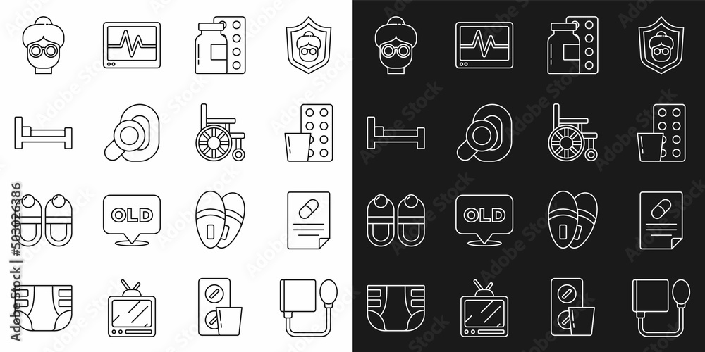 Set line Blood pressure, Medical prescription, Pills in blister pack, Hearing aid, Bed, Grandmother and Wheelchair icon. Vector