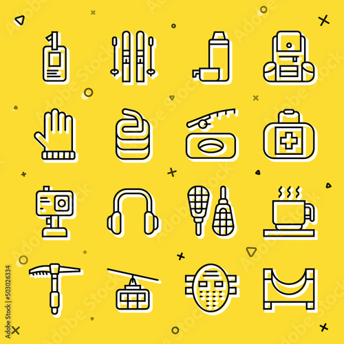 Set line Skate park, Hot chocolate cup, First aid kit, Thermos container, Stone for curling, Christmas mitten, Identification badge and Winter fishing icon. Vector