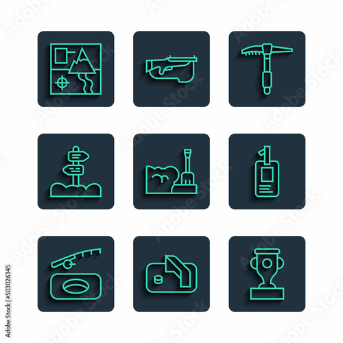 Set line Winter fishing, Ice hockey goal, Award cup, axe, Shovel snowdrift, Road traffic signpost, Folded map and Identification badge icon. Vector