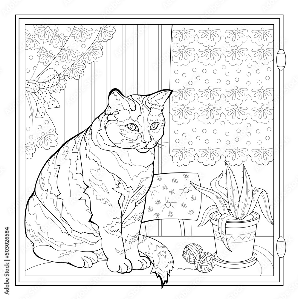 Cute cat sits alone at home and looks out the window. Coloring book for