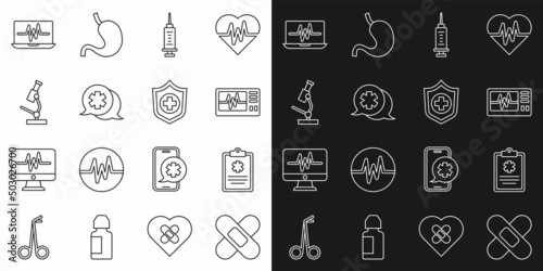 Set line Crossed bandage plaster, Clinical record, Monitor with cardiogram, Syringe, Dialogue the doctor, Microscope, Laptop and Life insurance hand icon. Vector