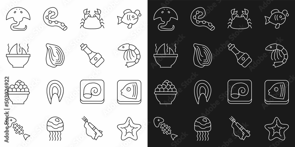 Set line Starfish, Fish head, Shrimp, Crab, Mussel, Shark fin soup, Stingray and Soy sauce bottle icon. Vector