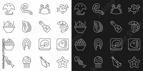 Set line Starfish  Fish head  Shrimp  Crab  Mussel  Shark fin soup  Stingray and Soy sauce bottle icon. Vector