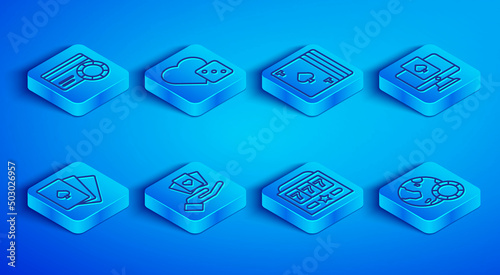 Set line Credit card, Game dice, Deck of playing cards, Hand holding, Slot machine with jackpot, Online poker table game, and Casino chips icon. Vector
