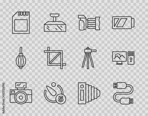 Set line Photo camera with flash, USB cable cord, Camera timer, SD card, Picture crop photo, and retouching icon. Vector