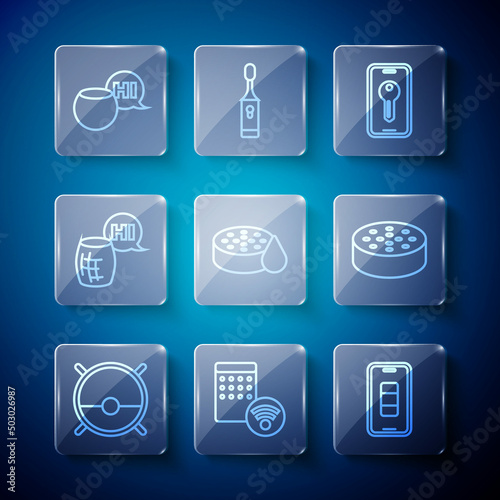 Set line Robot vacuum cleaner, Air humidifier, Smartphone battery charge, key, Water sensor, Voice assistant, and icon. Vector