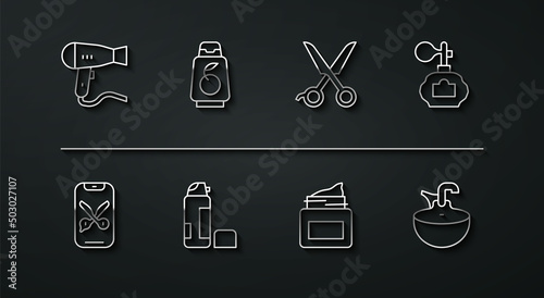 Set line Hair dryer, Barber online service or platform, Aftershave, Cream cosmetic jar, Shaving gel foam, Bottle of shampoo, Washbasin and Scissors hairdresser icon. Vector