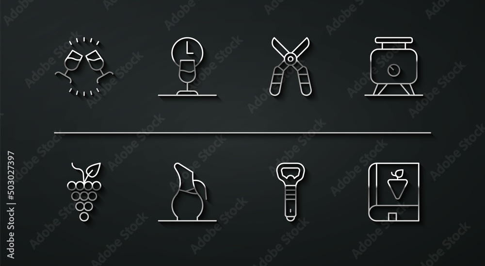 Set line Wine tasting, degustation, Bunch of grapes, Fermentation, Bottle opener, Decanter for wine, time, Book about and Gardening scissors icon. Vector Set line Wine tasting, degustation, Bunch of grapes, Fermentation, Bottle opener, Decanter for wine, time, Book about and Gardening scissors icon. Vector