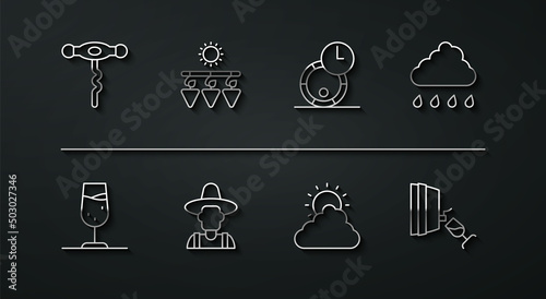 Set line Wine corkscrew, glass, Cloud with rain, Sun and cloud weather, Farmer hat, Drying grapes, tasting, degustation and Wooden barrel for wine icon. Vector