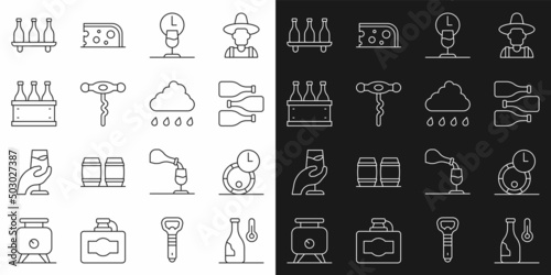 Set line Wine temperature, Wooden barrel for wine, Bottles of, time, corkscrew, box, and Cloud with rain icon. Vector