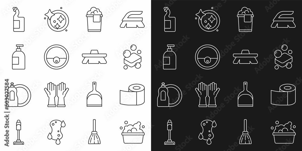 Set line Basin with soap suds, Toilet paper roll, Bar of, Bucket foam, Robot vacuum cleaner, Dishwashing liquid bottle, and Brush for cleaning icon. Vector Set line Basin with soap suds, Toilet paper roll, Bar of, Bucket foam, Robot vacuum cleaner, Dishwashing liquid bottle, and Brush for cleaning icon. Vector