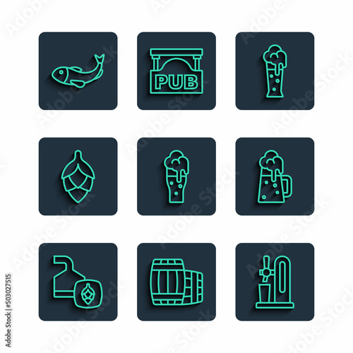 Set line Beer brewing process, Wooden barrel, tap with glass, Glass of beer, Hop, Dried fish and mug icon. Vector