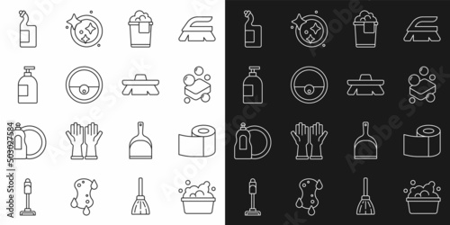 Set line Basin with soap suds, Toilet paper roll, Bar of, Bucket foam, Robot vacuum cleaner, Dishwashing liquid bottle, and Brush for cleaning icon. Vector