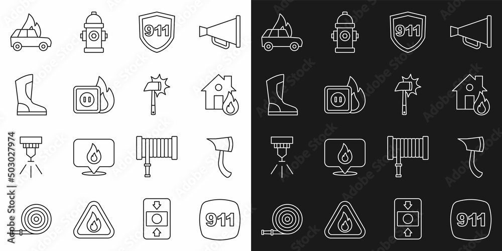 Set line Emergency call 911, Firefighter axe, in burning house, Electric wiring of socket fire, boots, Burning car and icon. Vector Set line Emergency call 911, Firefighter axe, in burning house, Electric wiring of socket fire, boots, Burning car and icon. Vector
